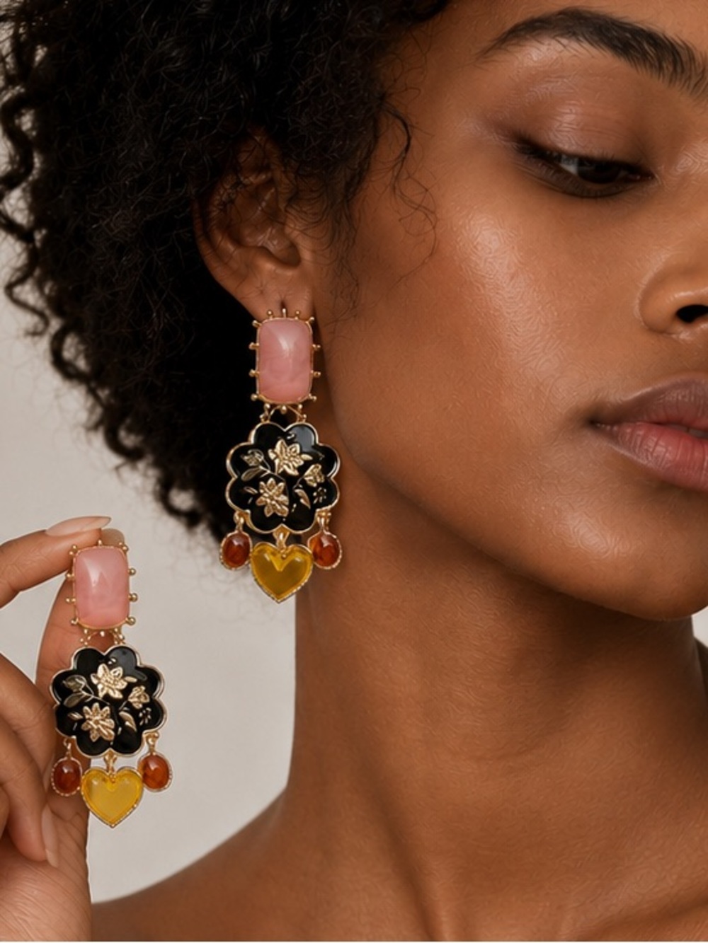 Amber Floral Heart Drop Earrings